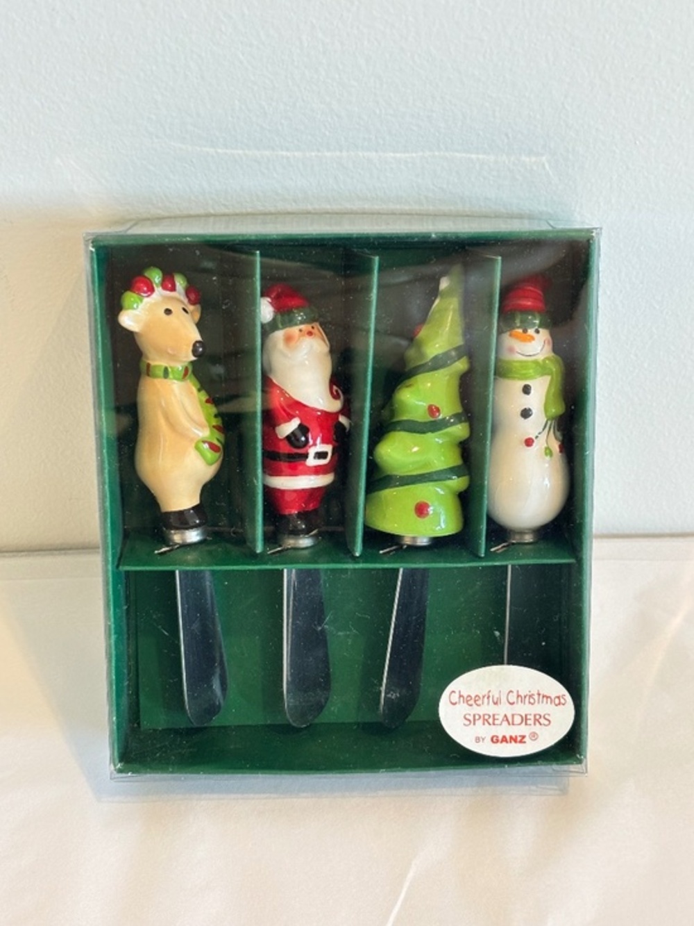 Vintage GANZ Cheerful Christmas spreaders ceramic & stainless steel Santa Frosty